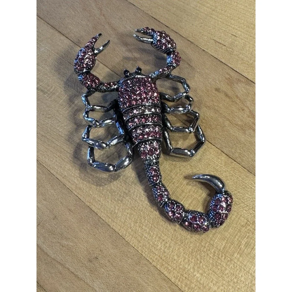 Large Rhinestone Scorpion Brooch Pink Purple Crystal Pave Gunmetal Statement Pin